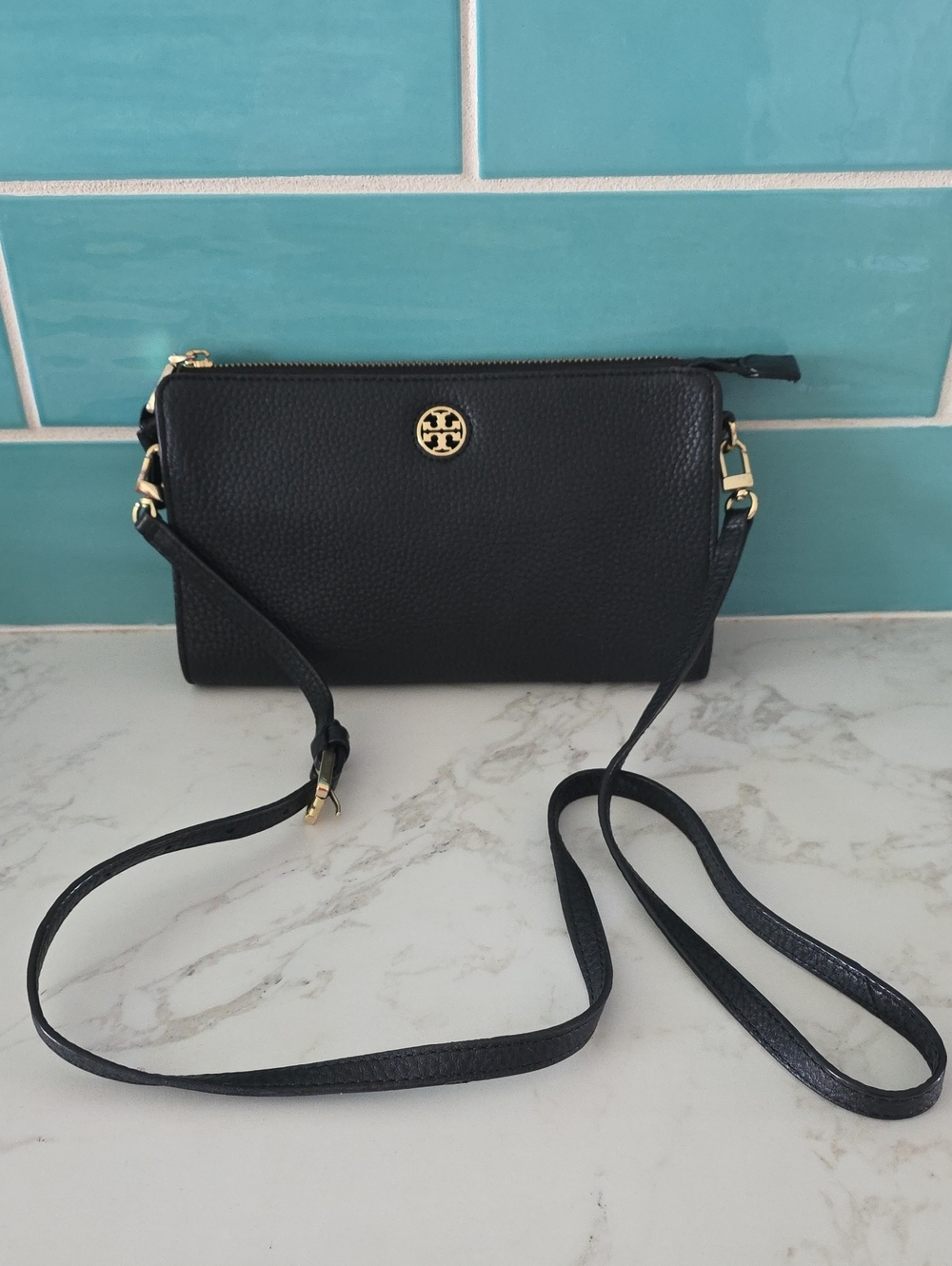 Tory Burch Black Pebbled Leather Crossbody with Gold Logo